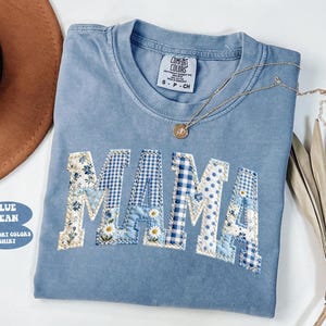 Comfort Colors® Floral Mama Blue Faux Patchwork Shirt, Expecting Mom Gift, Mama Crewneck Sweatshirt