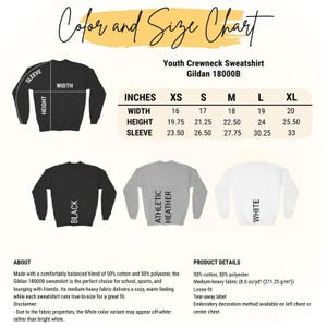 The image is a color and size chart for a youth crewneck sweatshirt, specifically the Gildan 1800B design. The chart provides measurements and details about the different sizes available, including the waist, hips, shoulders, and bust measurements.