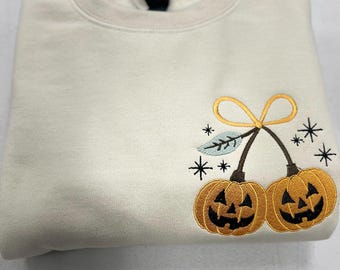 Embroidered Pumpkin Cherries Pocket Sweatshirt, Cute Pumpkin Hoodie, Autumn Girly Tee, Spooky Pocket Shirt, Coquette Pumpkin
