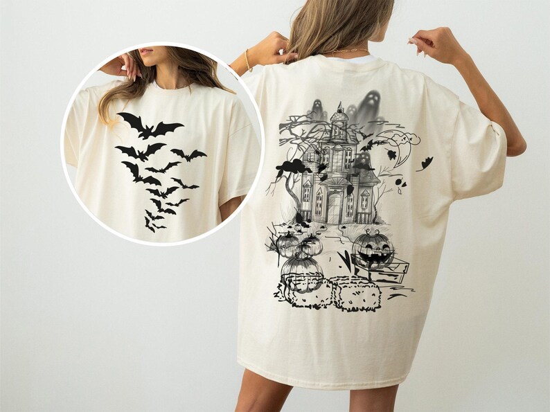 Haunted House Comfort Colors Shirt ,Halloween Sweatshirt,Halloween Party Bats Crewneck,Spooky Season Hoodie,Vintage Halloween Sweater Trendy image 3