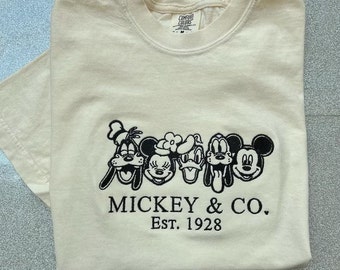 Embroidered Mickey & Co 1928 Comfort Colors Shirt, Retro Vintage Disney Shirt, Mickey And Friends Shirt, Disneyworld Family Trip Shirts