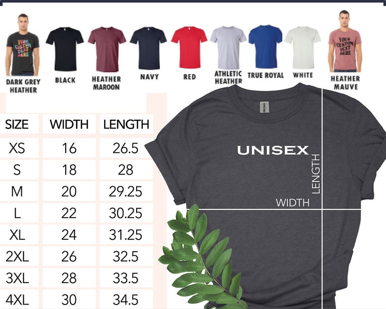 May include: Unisex t-shirt size chart with measurements in inches. The chart shows the width and length of the shirt in inches for sizes XS to 4XL.