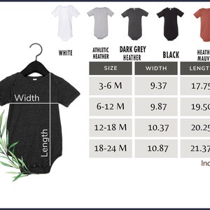 May include: A dark grey baby onesie on a black hanger, with a measurement chart showing sizes, widths, and lengths in inches. The onesie is displayed with other color options: white, athletic heather, dark grey heather, black, and heather mauve.