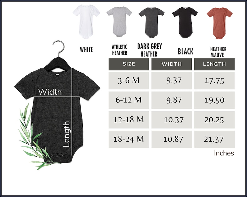 May include: A dark grey baby onesie on a black hanger, with a measurement chart showing sizes, widths, and lengths in inches. The onesie is displayed with other color options: white, athletic heather, dark grey heather, black, and heather mauve.