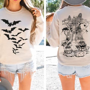 Haunted House Comfort Colors Shirt ,Halloween Sweatshirt,Halloween Party Bats Crewneck,Spooky Season Hoodie,Vintage Halloween Sweater Trendy image 1