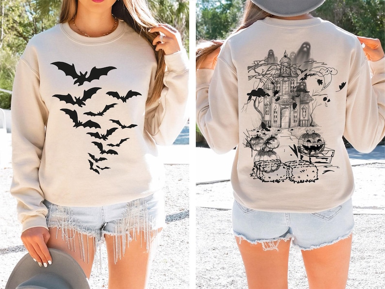 Haunted House Comfort Colors Shirt ,Halloween Sweatshirt,Halloween Party Bats Crewneck,Spooky Season Hoodie,Vintage Halloween Sweater Trendy image 1