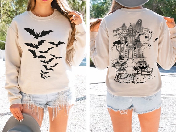 Haunted House Comfort Colors Shirt ,Halloween Sweatshirt,Halloween Party Bats Crewneck,Spooky Season Hoodie,Vintage Halloween Sweater Trendy