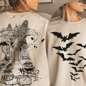 Haunted House Comfort Colors Shirt ,Halloween Sweatshirt,Halloween Party Bats Crewneck,Spooky Season Hoodie,Vintage Halloween Sweater Trendy image 4