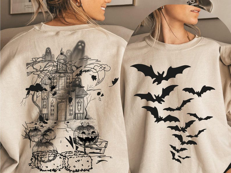 Haunted House Comfort Colors Shirt ,Halloween Sweatshirt,Halloween Party Bats Crewneck,Spooky Season Hoodie,Vintage Halloween Sweater Trendy image 4