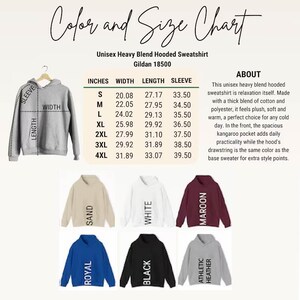 The image is a color and size chart for a unisex heavy blend hooded sweatshirt. It includes the measurements and corresponding colors for different sizes, such as S, M, L, XL, 2XL, 3XL, and 4XL. The chart also provides information about the sleeve width, sleeve length, and sleeve thickness for each size.