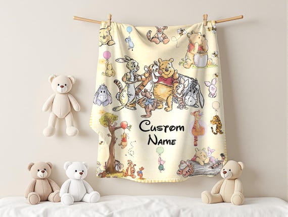 Personalized Winnie the Pooh Baby Blanket, Custom Name Cartoon Blanket,Soft Nursery Throw, Baby Shower Gift,Bear Blanket,Custom Kids Blanket