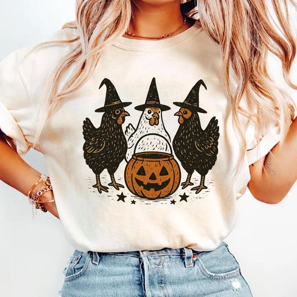 Comfort Colors Funny Halloween Chicken Shirt, Witchy Chickens Tee, Pumpkin Fall Shirt, Farmcore Spooky T-Shirt, Cute Rustic Halloween Shirt