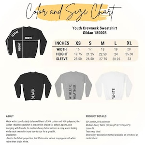 The image is a color and size chart for a youth crewneck sweatshirt, specifically the Gildan 1800B design. The chart provides measurements and details about the different sizes available, including the waist, hips, shoulders, and bust measurements.