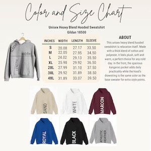 The image is a color and size chart for a unisex heavy blend hooded sweatshirt. It includes the measurements and corresponding colors for different sizes, such as S, M, L, XL, 2XL, 3XL, and 4XL. The chart also provides information about the sleeve width, sleeve length, and sleeve thickness for each size.