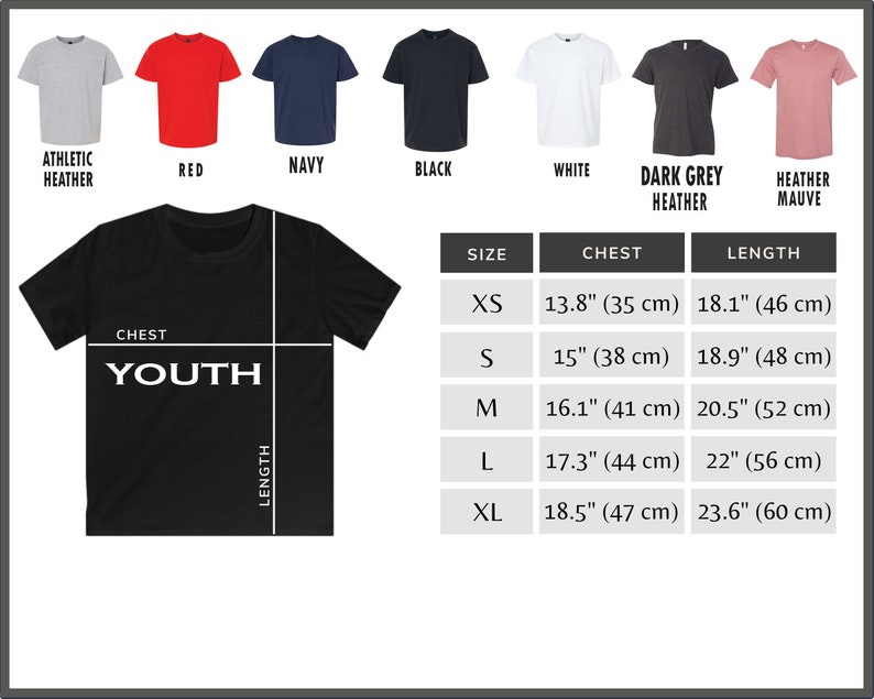 May include: A selection of t-shirts in various colours, such as red, navy, and black. The image also displays a black t-shirt with the word "YOUTH" and a size chart with chest and length measurements in cm and inches.