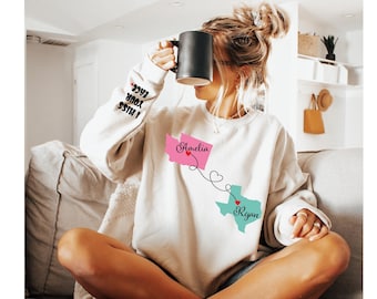 Custom State to State Long Distance Love, Long Distance Relationship Sweatshirt,Best Friends, Heart in Two Places,Family Long Distance Sweat