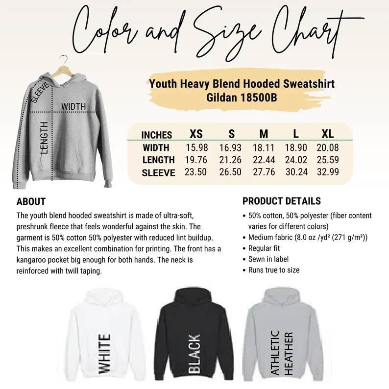 The image is a color and size chart for a youth heavy blend hooded sweatshirt. It includes measurements for the width, length, sleeve, and neck size, along with details about the fabric and product details.