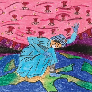 May include: A colorful illustration of a person in a blue medical gown and face mask kneeling on a green and blue globe. The person is surrounded by red and purple virus cells.