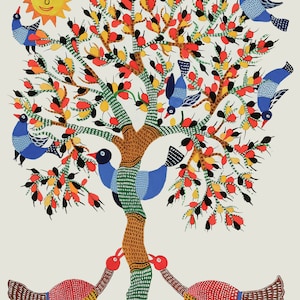 Blue Birds | 11.25&quot; x 8&quot; Unframed Print | Gond Style | 16-Year-Old Indian Artist | Madhya Pradesh | Charitable Art | Gift Art | Popular