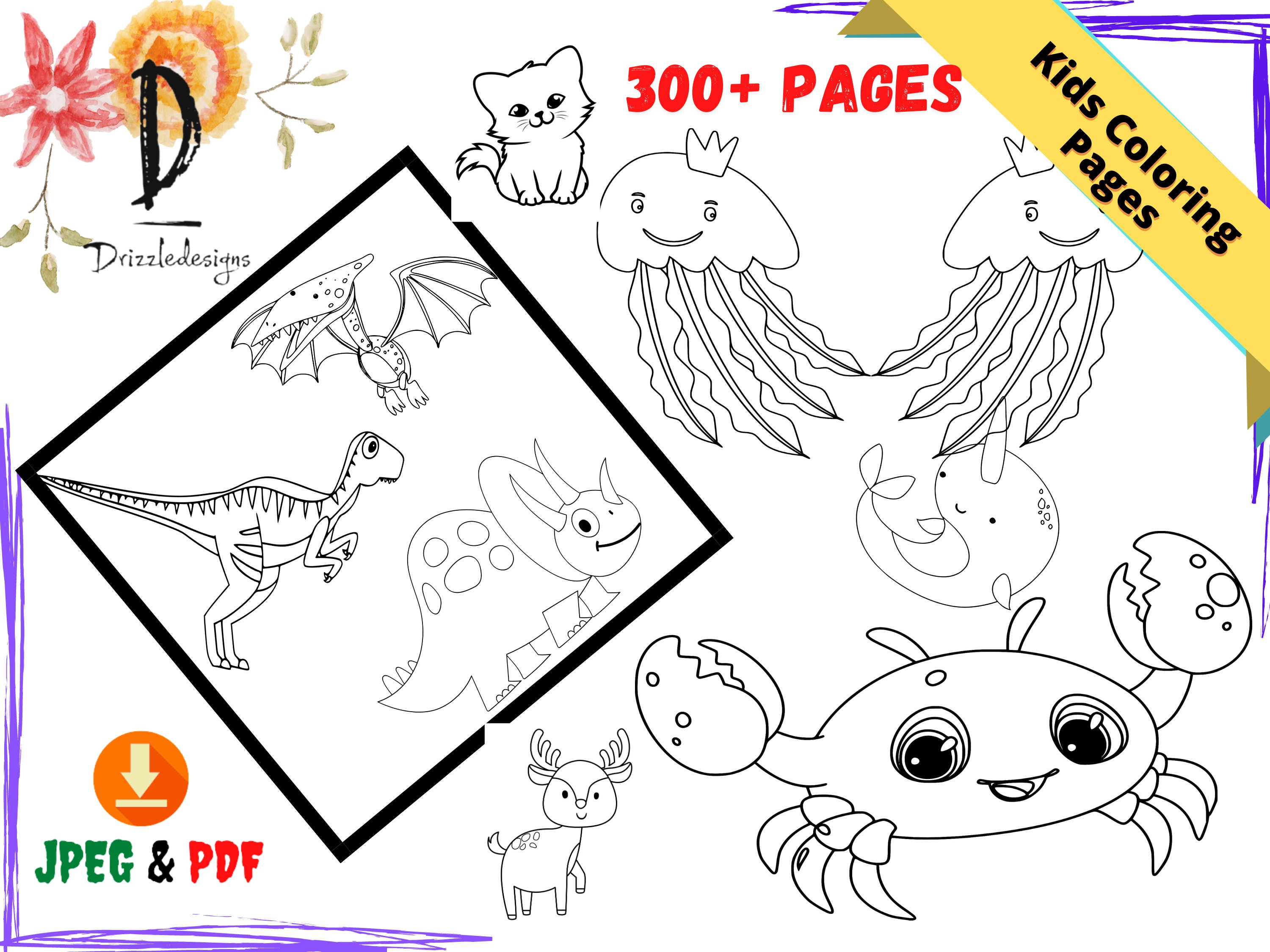 ANIMALS Coloring Pages for Kids, Wild Dinosaurs Coloring Printable - Sea Animals Coloring Books, PDF, JPEG Instant Download Animals coloring