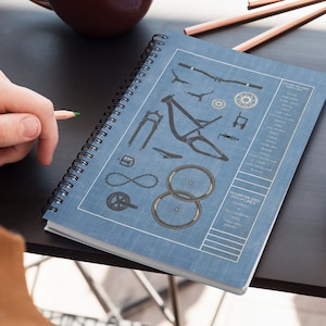 Mountain Biking Cyclist Gifts Spiral Notebook Ruled, Cycling Journal Exploded Bike Parts Graphics, Cool MTB Bike Dad Cranky Life Behind Bars