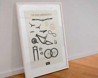 Mountain Biking Cyclist Gift Wall Decor Poster, MTB Bike Parts Cycling Art Print With Exploded Bike Graphics, Crank, Handlebar, Wheel, Pedal