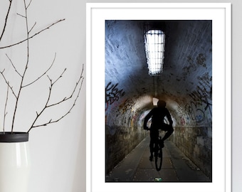 Mountain biking MTB rider wall art poster series 'Trails End'. Cycling art prints & MTB posters designed for wall decor for art mad cyclists