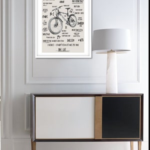 May include: A black and white illustration of a mountain bike with text describing the different parts of the bike and the lexicon of mountain biking. The text includes words like "Enduro", "Downhill", "Crank", "Cadence", "Dalled", and "MTB".