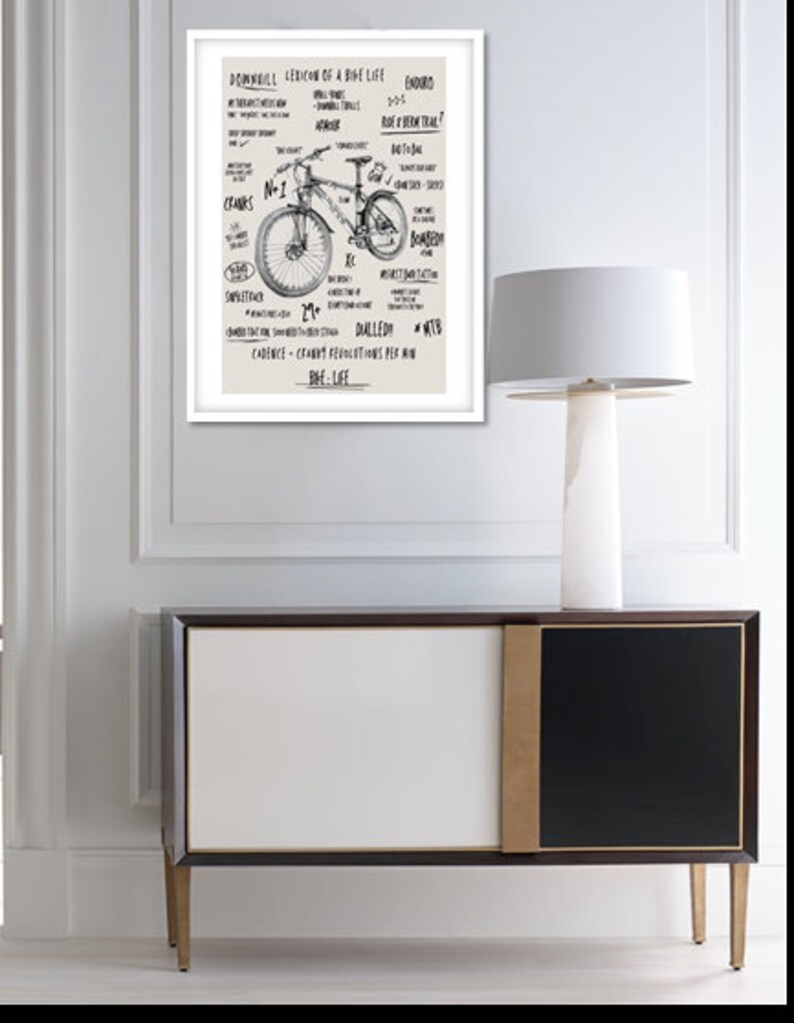 May include: A black and white illustration of a mountain bike with text describing the different parts of the bike and the lexicon of mountain biking. The text includes words like "Enduro", "Downhill", "Crank", "Cadence", "Dalled", and "MTB".