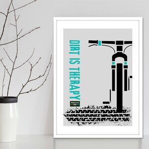 Mountain bike wheel art wall print. Typography style art print of bike wheel and tread. Modern graphics MTB print for bike riders.