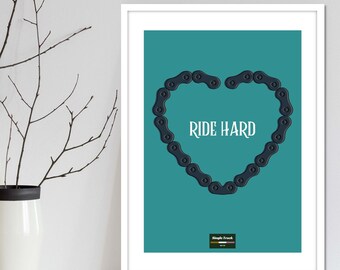 Heart chain MTB and Cycling bike part series. Bike parts wall art print poster for road and trail riders. 4 background colours available.