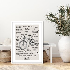 May include: A black and white illustration of a mountain bike with text describing the lexicon of a downhill bike life. The text includes terms like "Enduro", "Ride a Berm Trail", "Bombed", "Dialled", and "Cadence - Cranky Revolutions Per Min".