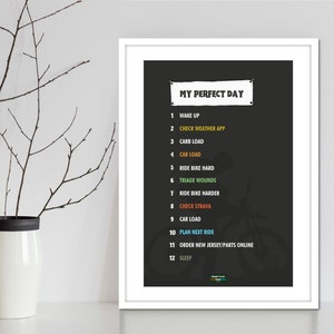Mijn perfecte dagposter. MTB fietser kunst aan de muur poster print. Typografie citaat cadeau idee voor uw fietser. Leuke MTB print voor gekke enthousiaste fietsers.