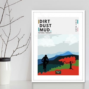 Mountainbike en wielrenner muur kunst poster serie. Fietskunstprints en MTB-posters ontworpen voor wanddecor voor kunstgekke fietsers.