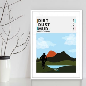 Mountainbike- en wielrenner-posterserie aan de muur. Fietskunstprints en MTB-posters ontworpen als wanddecoratie voor kunstgekke fietsers.
