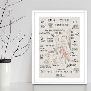 Mountainbike en wielrenner wall art poster serie Bike slang cyclus art print & fietser poster muur decor ontworpen voor kunstgekke fietsers.
