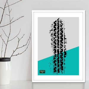 Mountainbike wiel kunst muur print. Typografie stijl kunst print van fietswiel en loopvlak. Moderne grafische MTB-print voor fietsers.