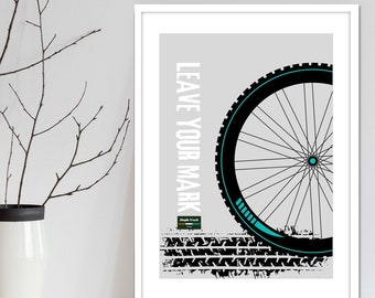 Mountain bike wheel art wall print. Typography style art print of bike wheel and tread. Modern graphics MTB print for bike riders.