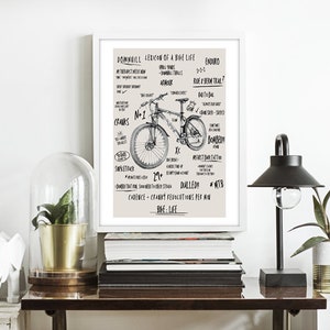 May include: A black and white illustration of a mountain bike with text describing different types of mountain biking, including downhill, enduro, cross country, and more. The text also includes terms like "cadence", "29+", and "MTB".