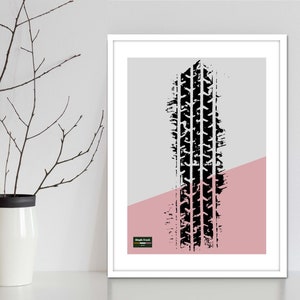 Mountainbike wiel kunst muur print. Typografie stijl kunst print van fietswiel en loopvlak. Moderne grafische MTB-print voor fietsers.