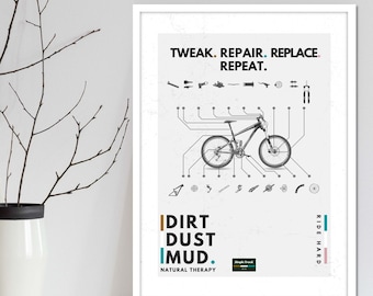 MTB gifts for cyclists. MTB and road cycling poster 'Bike Parts' wall art print & MTB cycling poster unique wall decor for art mad cyclists