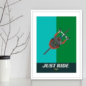 Fiets fietser levendige gekleurde fietstocht muur kunst print. Typografie stijl grafische kunst print van fietser. Moderne MTB-print voor gekke enthousiaste fietsers.