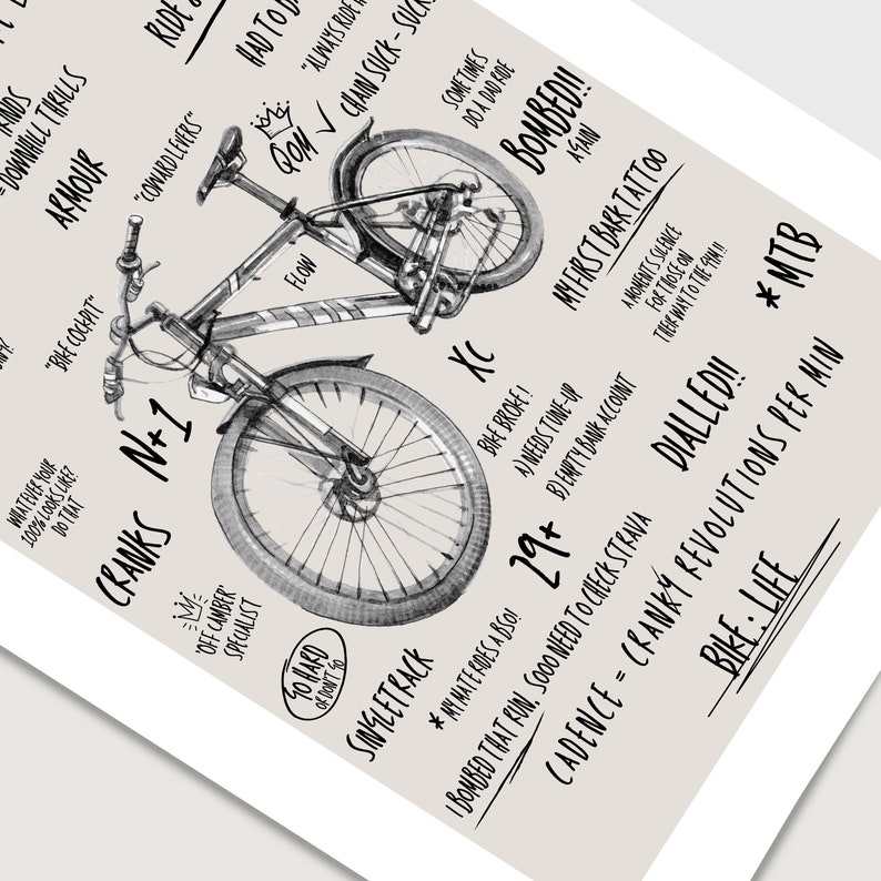May include: A black and white illustration of a mountain bike with text around it. The text includes "CRANKS N+1", "SINGLETRACK", "XC", "29+", "BOMBED!!", "DIALLED!!", "CADENCE = CRANKY REVOLUTIONS PER MIN", "BIKE: LIFE", "MY FIRST BARK TATTOO", "WHATEVER YOUR 100% LOOKS LIKE?", "RIDE", "HAD TO", "ALWAYS RIDE", "QOM", "CHAIN SUCK-SUCK", "SOMETIMES DO A DAD RIDE", "AGAIN", "A MOMENTS SILENCE FOR THOSE ON THEIR WAY TO THE GUM", "*MTB", "BIKE BROKE! A) NEEDS TUNE-UP B) EMPTY BANK ACCOUNT", "* MY MATE RIDES A BSO!" and "'OFF CAMBER SPECIALIST'".