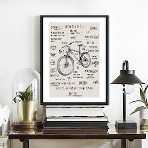 May include: A black and white illustration of a mountain bike with the text "Downhill Lexicon of a Bike Life" and other related terms. The illustration is framed in a black frame and is hanging on a white wall.