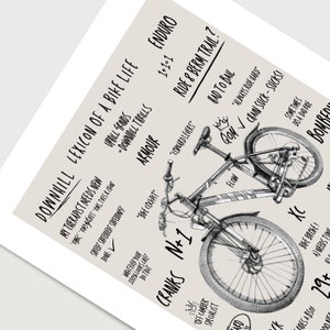 May include: A black and white illustration of a mountain bike with the text "Downhill Lexicon of a Bike Life" and other related terms. The illustration includes details like the bike's components, such as the cranks, armor, and flow.