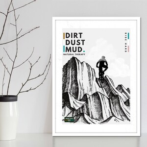Mountainbike en wielrenner muur kunst poster serie. Fietskunstprints en MTB-posters ontworpen voor wanddecor voor kunstgekke fietsers.