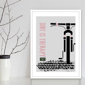 Mountain bike wheel art wall print. Typography style art print of bike wheel and tread. Modern graphics MTB print for bike riders.