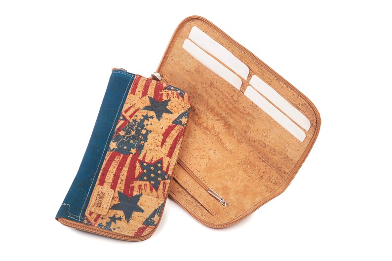 Cork Wallet USA Portefeuille végétalien avec carte à fermeture éclair Porte-monnaie naturel pour espèces et documents image 1