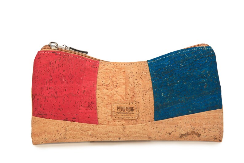 Clutch Two Colors Cork Clutch Red and Blue Pochette Vegan Handbag Makeup Case image 1