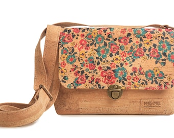 Crossbody Cork Bag Flowered - Vegan shoulder bag - Cork Messenger Bag - sustainable fashion